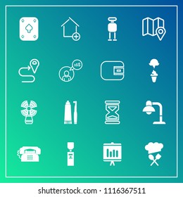 Modern, simple vector icon set on gradient background with timer, clock, dental, water, home, futuristic, game, apartment, travel, interior, gallon, toothpaste, lighthouse, new, phone, sand, map icons