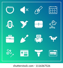 Modern, simple vector icon set on gradient background with kid, shovel, food, horse, meat, gadget, child, aircraft, sound, paper, dinner, art, business, boat, timetable, technology, futuristic icons