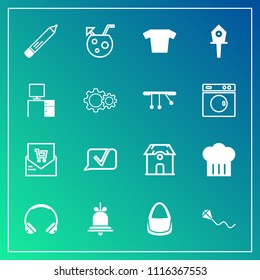 Modern, simple vector icon set on gradient background with supermarket, architecture, chat, restaurant, desk, bill, pen, drink, birdhouse, chief, clothing, sky, cocktail, sound, kite, glass, bag icons
