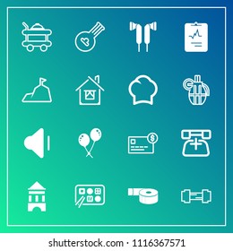 Modern, simple vector icon set on gradient background with tower, musical, room, instrument, sound, string, hotel, sticky, bank, service, bed, sport, medicine, money, birthday, adhesive, music icons