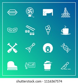 Modern, simple vector icon set on gradient background with meeting, music, dna, fan, pot, lettuce, dinner, medical, piano, desk, musical, doctor, people, food, white, sign, burger, yacht, sea icons