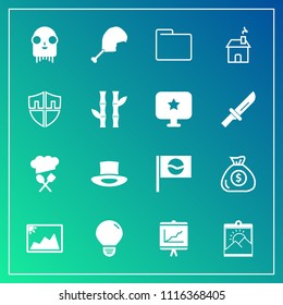 Modern, simple vector icon set on gradient background with file, folder, protect, asia, office, hat, bird, security, japan, home, paper, building, fiction, image, alien, travel, report, ufo icons