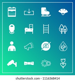 Modern, simple vector icon set on gradient background with blossom, sensu, bow, floral, tree, cold, sign, security, speaker, ice, loud, male, location, sport, winter, download, fan, man, skating icons