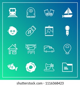 Modern, simple vector icon set on gradient background with paper, cartoon, building, transportation, map, dessert, food, house, transport, envelope, summer, sea, alien, mail, traffic, message icons