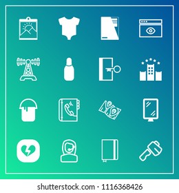Modern, simple vector icon set on gradient background with house, location, axe, kid, office, business, pin, broken, road, computer, paint, color, love, construction, internet, web, document icons