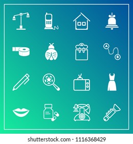 Modern, simple vector icon set on gradient background with pencil, beauty, building, fashion, medical, estate, musical, old, home, female, balance, house, technology, screen, phone, hand, tv icons