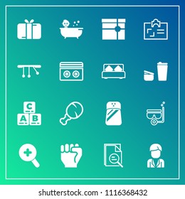 Modern, simple vector icon set on gradient background with people, identity, business, card, fast, summer, tool, human, mask, spice, chicken, pendulum, bath, present, sea, man, water, snack, box icons