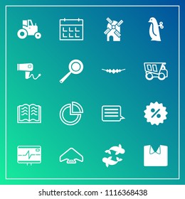 Modern, simple vector icon set on gradient background with schedule, parachuting, agricultural, heart, extreme, sea, power, message, mill, chart, pie, health, paper, time, presentation, sign icons