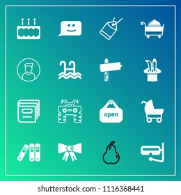 Modern, simple vector icon set on gradient background with organic, tag, fashion, snorkel, book, fruit, store, bow, summer, file, dessert, cake, mask, atv, library, stroller, pie, pear, face icons