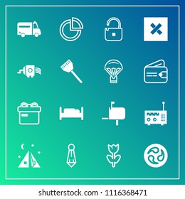 Modern, simple vector icon set on gradient background with pie, presentation, mail, camp, tent, travel, bed, post, chart, outdoor, medical, double, mailbox, japan, closed, media, security, male icons