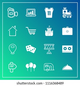 Modern, simple vector icon set on gradient background with camera, music, decoration, way, birthday, vehicle, food, dice, toy, musical, celebration, video, casette, sport, instrument, van, film icons