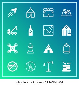 Modern, simple vector icon set on gradient background with object, style, tent, plane, chessboard, template, location, conditioner, fly, elegance, drone, white, adventure, road, leather, fashion icons