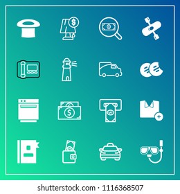 Modern, simple vector icon set on gradient background with wallet, cash, telephone, kitchen, hat, taxi, web, summer, oven, currency, sea, shirt, bank, light, phone, concept, directory, dollar icons