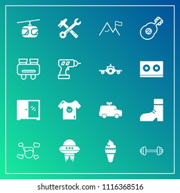 Modern, simple vector icon set on gradient background with spacecraft, furniture, ufo, space, nature, child, childhood, dessert, train, boy, food, clothes, transportation, cabinet, sky, cream icons