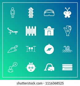Modern, simple vector icon set on gradient background with map, safety, shovel, food, blue, snack, child, nature, online, sign, green, burger, cleaner, pool, baby, light, male, traffic, cancel icons