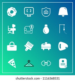 Modern, simple vector icon set on gradient background with shop, white, fashion, sport, bag, sign, desk, equipment, cake, brush, guitar, doughnut, sweet, protect, hanger, notification, internet icons