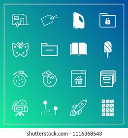 Modern, simple vector icon set on gradient background with fahrenheit, real, tag, movie, retro, van, planet, sweet, lock, transport, camera, book, launch, shuttle, point, safety, space, scale icons