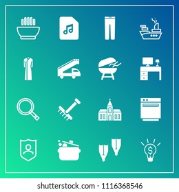 Modern, simple vector icon set on gradient background with gas, gardening, hot, protect, business, summer, fashion, underwater, appliance, sign, rake, clothes, raking, religion, dinner, dish icons