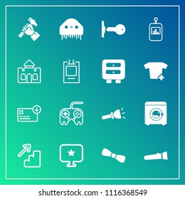 Modern, simple vector icon set on gradient background with bow, television, finance, gift, house, sign, electric, monster, technology, web, torch, door, money, bag, construction, wash, computer icons