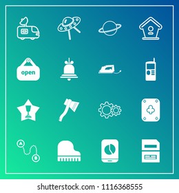 Modern, simple vector icon set on gradient background with bird, piano, point, ufo, document, play, astronomy, technology, achievement, winner, spacecraft, file, business, tv, orbit, computer icons