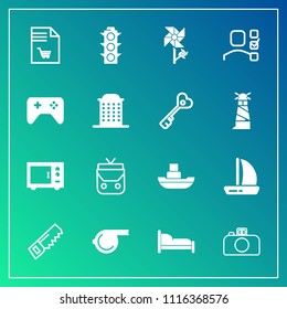 Modern, simple vector icon set on gradient background with equipment, fashion, business, whistle, personal, style, bedroom, vessel, spring, light, wind, kitchen, green, referee, ocean, notebook icons
