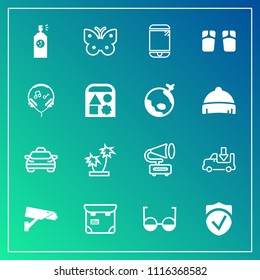 Modern, simple vector icon set on gradient background with spray, lorry, cell, footwear, fly, wing, security, mobile, flip, pretty, taxi, professional, people, safety, insect, technology, camera icons
