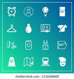 Modern, simple vector icon set on gradient background with transportation, watch, sky, file, hour, container, male, office, hair, style, hairdresser, map, internet, world, extreme, uniform, work icons
