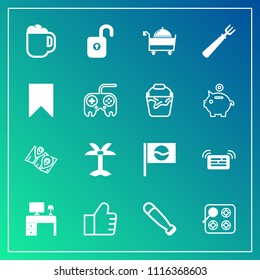 Modern, simple vector icon set on gradient background with internet, service, road, wood, stove, travel, leaf, fork, baseball, office, japan, search, coffee, drink, summer, restaurant, table icons