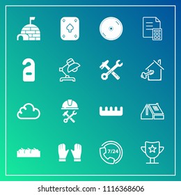 Modern, simple vector icon set on gradient background with window, helmet, igloo, game, operator, banking, disc, award, success, prize, beauty, foreman, roof, home, fruit, win, snow, builder, cd icons