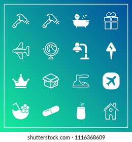 Modern, simple vector icon set on gradient background with juice, percussion, child, glass, building, present, unpacking, architecture, musical, shower, box, aircraft, equipment, medicine, baby icons