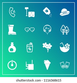 Modern, simple vector icon set on gradient background with bed, juice, switch, blossom, health, sea, cherry, off, baby, button, power, dessert, olive, mobile, underwater, summer, office, sweet icons