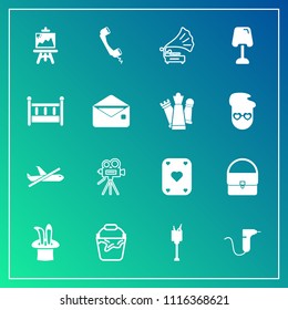 Modern, simple vector icon set on gradient background with medical, dentistry, lamp, cradle, clean, wine, container, gramophone, table, camera, communication, poker, bucket, record, ice, bag icons