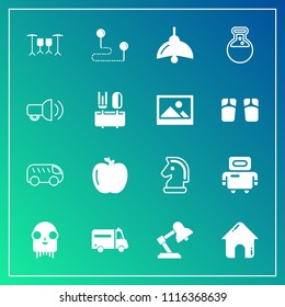 Modern, simple vector icon set on gradient background with light, cyborg, business, healthy, chessboard, move, health, house, bulb, position, food, electricity, ufo, medical, technology, fruit icons