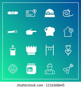 Modern, simple vector icon set on gradient background with jam, food, decoration, crown, person, customer, construction, floral, marketing, queen, builder, king, string, wax, athlete, medical icons