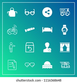 Modern, simple vector icon set on gradient background with fashion, showing, office, blue, apron, paper, person, button, sign, people, sky, delivery, curtain, hippie, account, light, sun, return icons