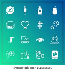 Modern, simple vector icon set on gradient background with video, medical, grater, good, no, equipment, handle, meeting, cooking, kitchen, spacesuit, wine, soap, up, presentation, cosmonaut, fun icons