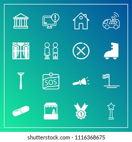 Modern, simple vector icon set on gradient background with tourism, europe, satellite, greece, blue, ocean, flashlight, computer, success, greek, home, warning, property, beach, real, shine, car icons