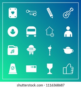Modern, simple vector icon set on gradient background with chain, search, mail, spaceship, ice, play, background, bus, find, ufo, breakfast, business, avatar, web, traffic, letter, send, musical icons