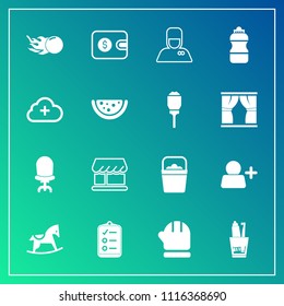 Modern, simple vector icon set on gradient background with finance, white, season, money, hygiene, health, comfortable, comet, sign, water, bucket, horse, wallet, handle, scarf, baby, chair, add icons
