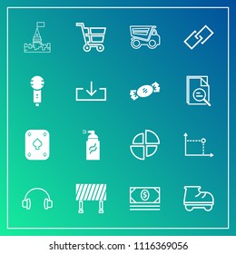 Modern, simple vector icon set on gradient background with poker, cart, audio, fun, chart, truck, background, tipper, coin, retail, link, play, web, roller, building, cash, leisure, sound, graph icons