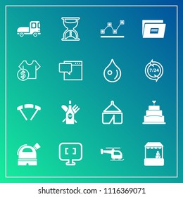 Modern, simple vector icon set on gradient background with jump, clock, timer, flight, graph, sand, drink, grocery, time, cake, delivery, truck, nature, internet, extreme, business, wine, glass icons