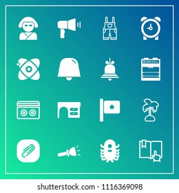 Modern, simple vector icon set on gradient background with flashlight, book, space, work, music, geisha, tape, ufo, paperclip, click, paper, clock, desk, lamp, electric, light, communication icons