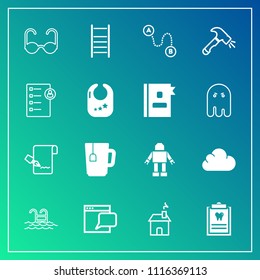 Modern, simple vector icon set on gradient background with sign, dentistry, chat, building, pen, communication, point, robot, tea, list, website, pool, map, web, blue, water, cup, document, sun icons