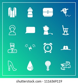 Modern, simple vector icon set on gradient background with high, cowboy, car, fashion, ecology, sheriff, parachute, hand, water, profile, jump, machine, outfit, jacket, sky, work, extreme, sun icons