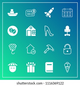 Modern, simple vector icon set on gradient background with celebration, box, credit, building, protection, business, construction, ocean, security, vessel, young, real, library, time, ball, card icons