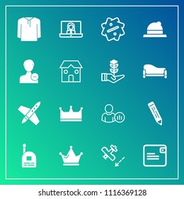 Modern, simple vector icon set on gradient background with queen, pen, rocket, flight, jacket, spaceship, craft, king, video, travel, pencil, dollar, style, delete, hat, royal, internet, profile icons