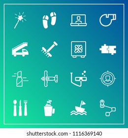Modern, simple vector icon set on gradient background with drink, mask, fork, technology, whistle, footwear, sail, magic, military, kitchen, airplane, referee, sailboat, location, concept, hot icons