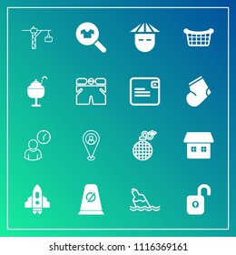 Modern, simple vector icon set on gradient background with home, water, bomb, map, explosion, danger, craft, work, road, time, house, hammer, clothing, power, people, location, security, drink icons