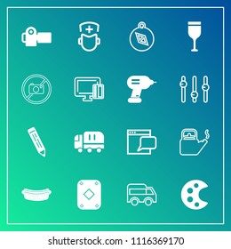 Modern, simple vector icon set on gradient background with compass, surgeon, pencil, cargo, internet, steam, truck, medicine, game, direction, pen, photographer, dinner, art, meat, food, highway icons