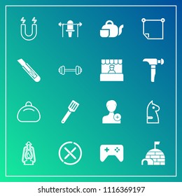 Modern, simple vector icon set on gradient background with magnetic, person, no, account, japanese, pole, igloo, vintage, chess, tea, add, metal, food, horse, style, weight, joystick, sport, pan icons
